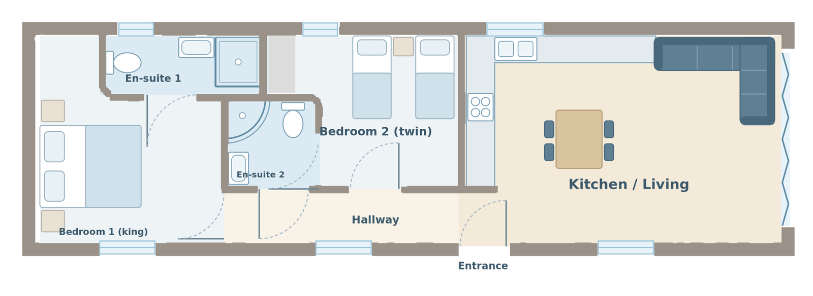 Floor plan of Beach House, a 2-bedroom lodge at The Bay, Filey: king bedroom with en-suite, twin bedroom, shower room, open-plan kitchen and living area with bi-fold doors