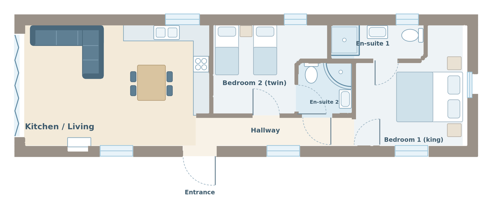 Floor plan of Lake View Lodge, a 2-bedroom lodge at The Bay, Filey: king bedroom with en-suite, twin bedroom, shower room, open-plan kitchen and living area with bi-fold doors